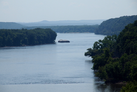 [Looking toward river with overcast skies making the distant bluffs misty looking as well as giving a dark cast to the water and trees on the shore and island. A dock floats just off the shoreline of the island.]